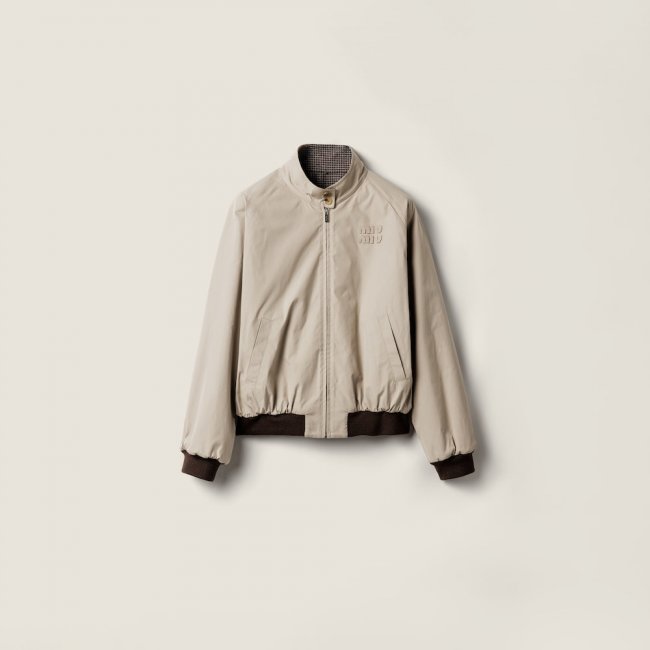 Miu Miu Reversible houndstooth check and Panama cotton blouson jacket Clay / Cocoa Brown / Gray Miu Miu Reversible houndstooth check and Panama cotton blouson jacket Clay / Cocoa Brown / Gray