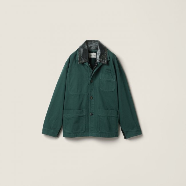Miu Miu Single-breasted garment-dyed gabardine and leather jacket Bottle Green Miu Miu Single-breasted garment-dyed gabardine and leather jacket Bottle Green