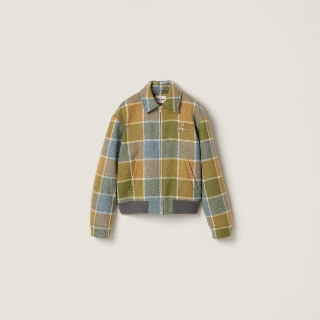 Miu Miu Checked blouson jacket Camel / Aviator Blue Miu Miu Checked blouson jacket Camel / Aviator Blue