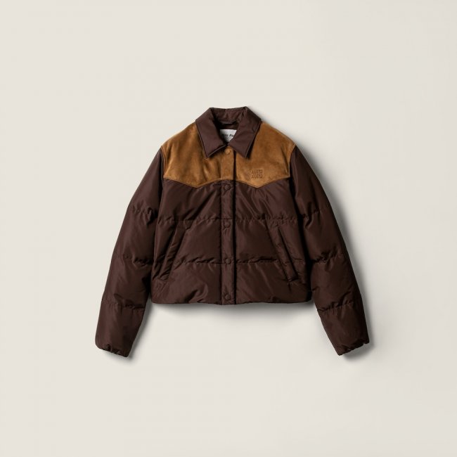 Miu Miu Technical pongé and leather down jacket Coffee Miu Miu Technical pongé and leather down jacket Coffee